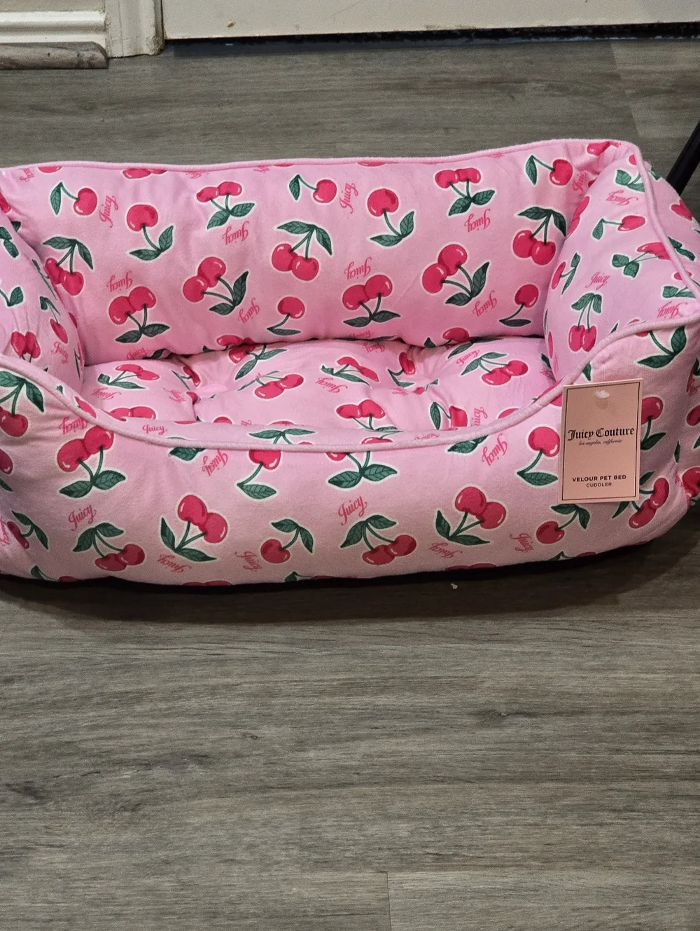 Juicy Couture Signature Logo Cherry Print Velour Pet Bed Cuddler